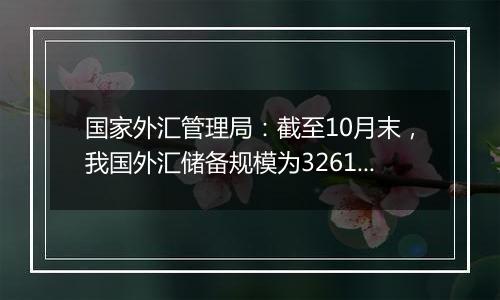 国家外汇管理局：截至10月末，我国外汇储备规模为32610.50亿美元