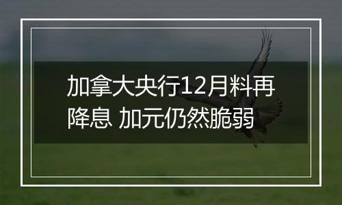 加拿大央行12月料再降息 加元仍然脆弱